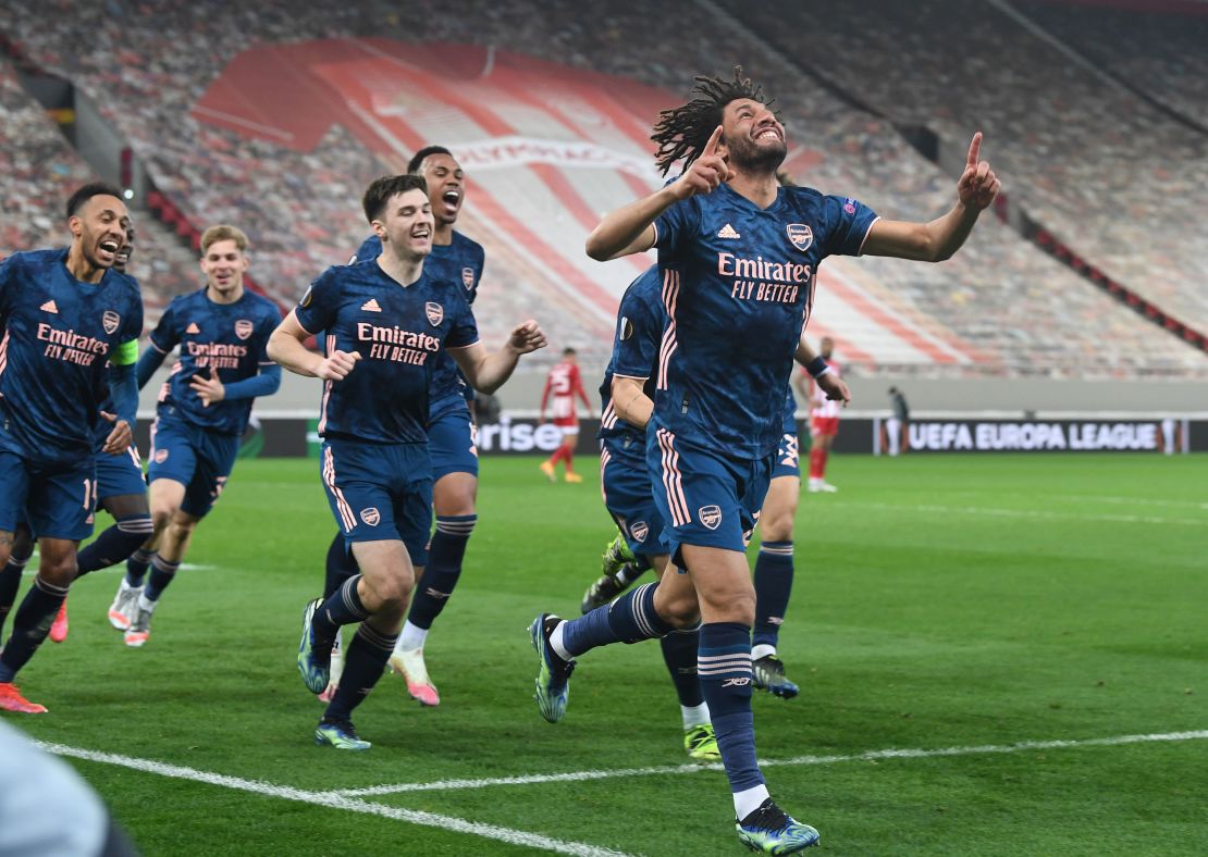 Elneny celebrates scoring the third Arsenal goal against Olympiacos.