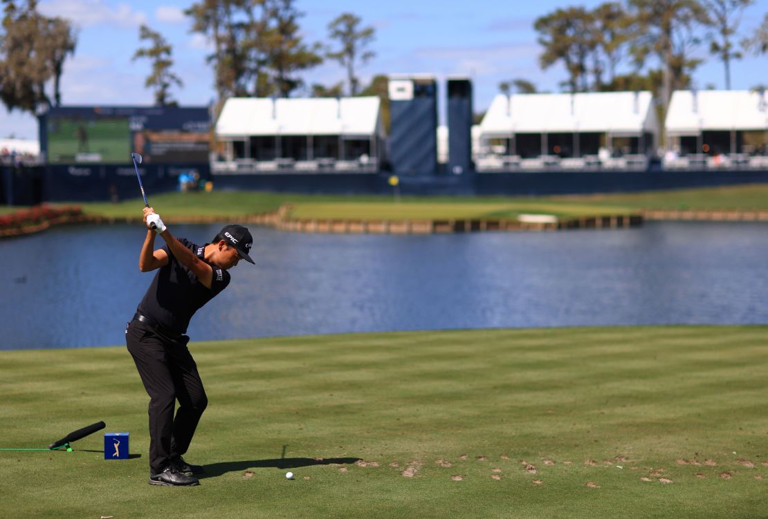 Na plays his shot from the 17th tee during the first round of THE PLAYERS Championship.