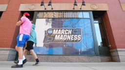March Madness and Final Four signage goes up around downtown Indianapolis on Monday March 8, 2021, in preparation for the NCAA tournament.Finals 8