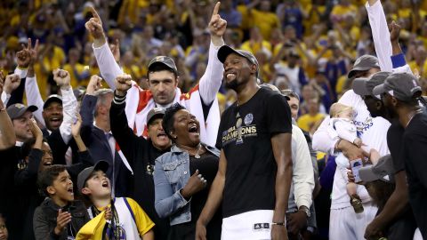 Durant celebrates with his mother Wanda after being named Bill Russell NBA Finals Most Valuable Player in 2017.