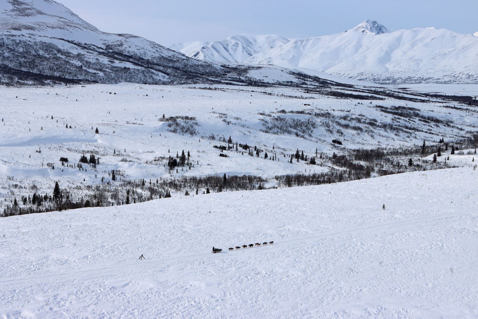 Matt Failor drives his team toward Rainy Pass on Monday, March 8.