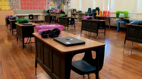 An empty classroom awaits the return of students in Glendale, California. 