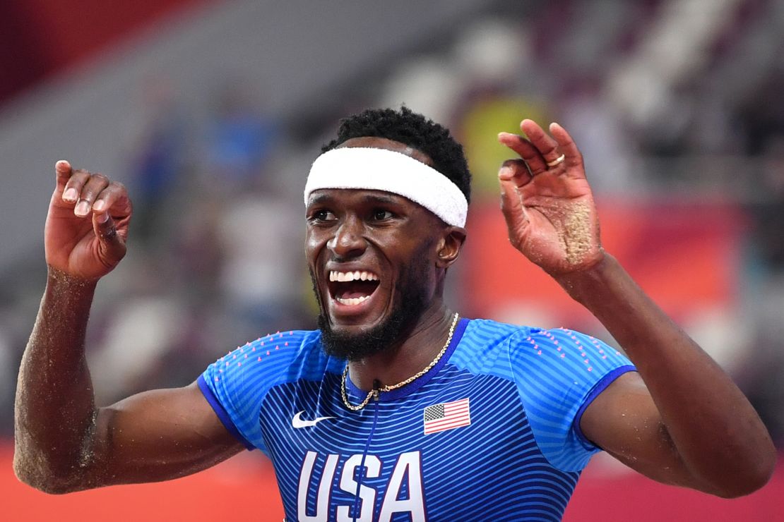 Claye competes in the men's triple jump final at the 2019 IAAF World Athletics Championships.