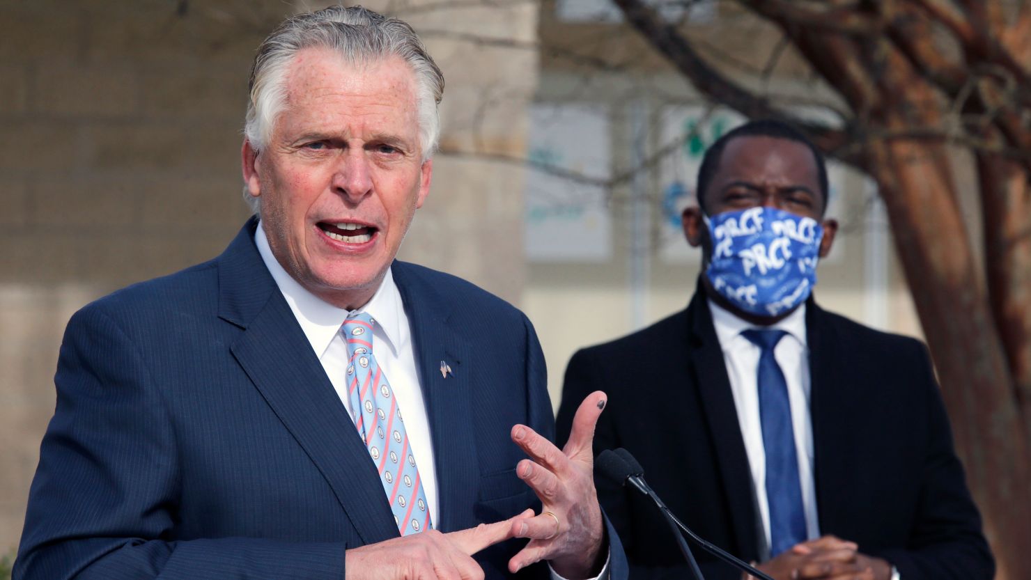Former Virginia Gov. Terry McAuliffe, left, announces that he is running for the Democratic nomination for governor during a press conference in Richmond, Virginia, on December 9, 2020.