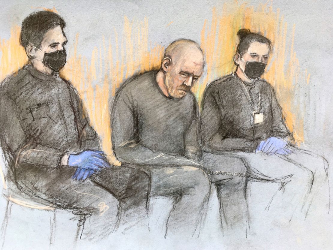 A courtroom sketch of Wayne Couzens at Westminster Magistrates' Court in London on Saturday, March 13.
