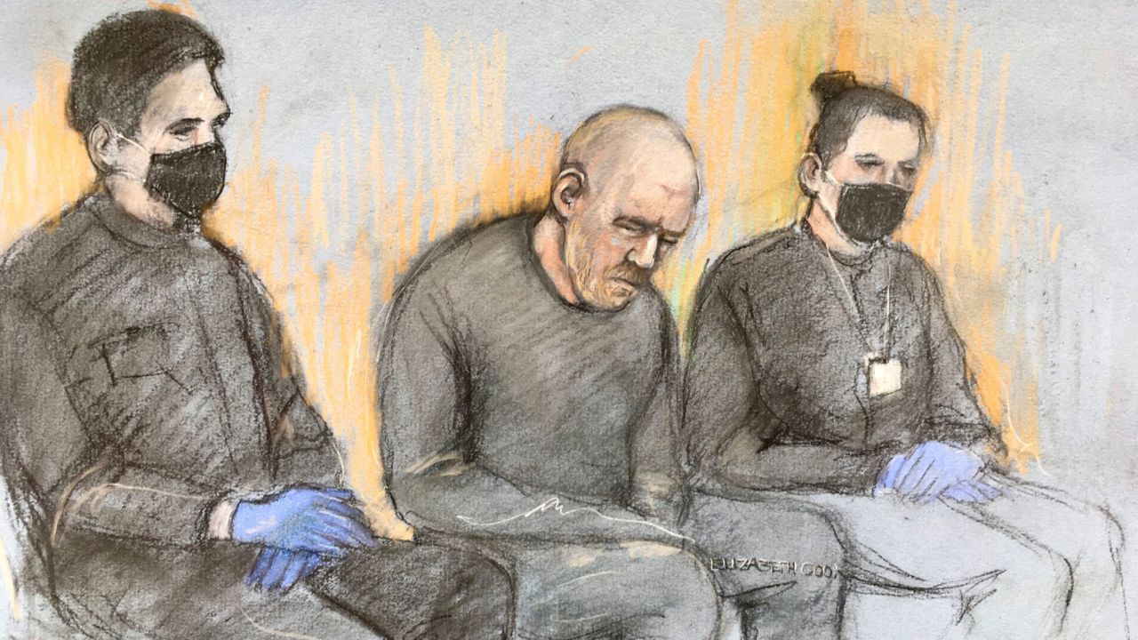 A courtroom sketch of Wayne Couzens at Westminster Magistrates' Court in London on Saturday, March 13.