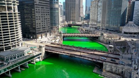 An aerial picture shot with a drone shows the Chicago River as it flows through downtown after it was dyed green in celebration of St. Patrick's Day.