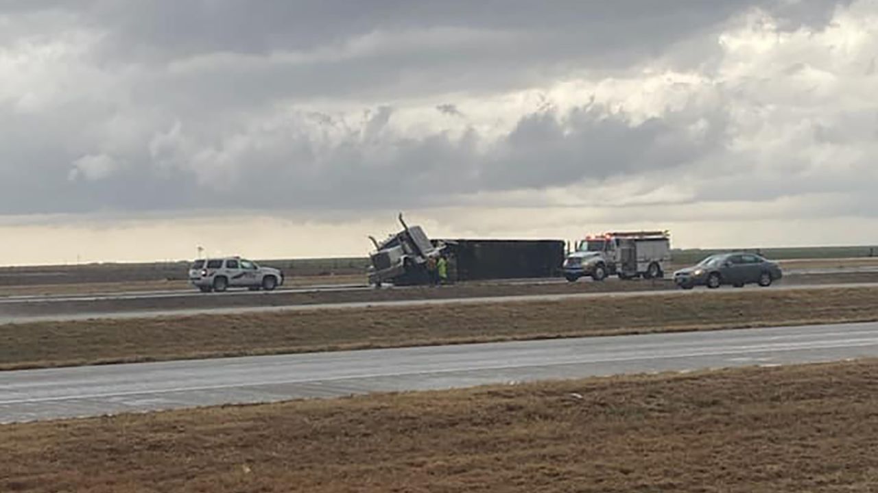 A tractor trailer overturned outside Amarillo, Texas, on Saturday.
