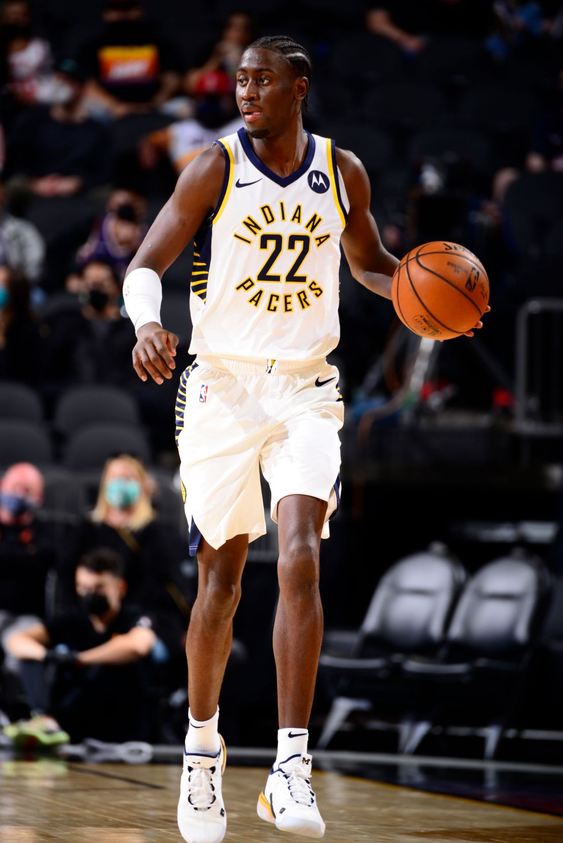 LeVert dribbles the ball during the game against the Phoenix Suns.