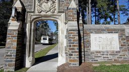 An entrance to the main Duke University campus is seen in Durham, N.C., Monday, Jan. 28, 2019. The University's medical school has issued an apology and launched a review after an administrator admonished students over speaking Chinese in a school building. (AP Photo/Gerry Broome)
