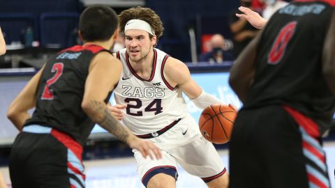 Corey Kispert #24 of the Gonzaga Bulldogs drives against the Loyola Marymount Lions in the second half at McCarthey Athletic Center on February 27, 2021, in Spokane, Washington. 