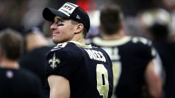 NEW ORLEANS, LOUISIANA - DECEMBER 16: Quarterback Drew Brees #9 of the New Orleans Saints looks on from the sidelines late in the game against the Indianapolis Colts at Mercedes Benz Superdome on December 16, 2019 in New Orleans, Louisiana. (Photo by Chris Graythen/Getty Images)