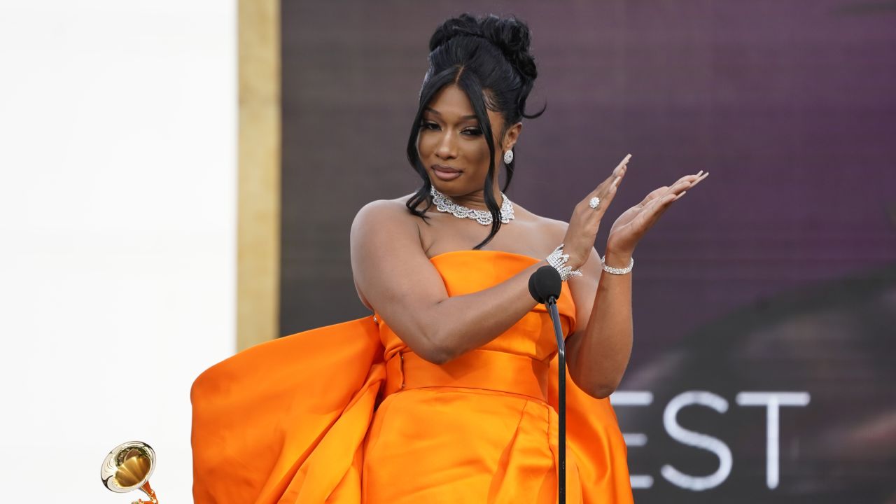 Megan Thee Stallion accepts the award for best new artist at the 63rd annual Grammy Awards at the Los Angeles Convention Center on Sunday, March 14, 2021. (AP Photo/Chris Pizzello)