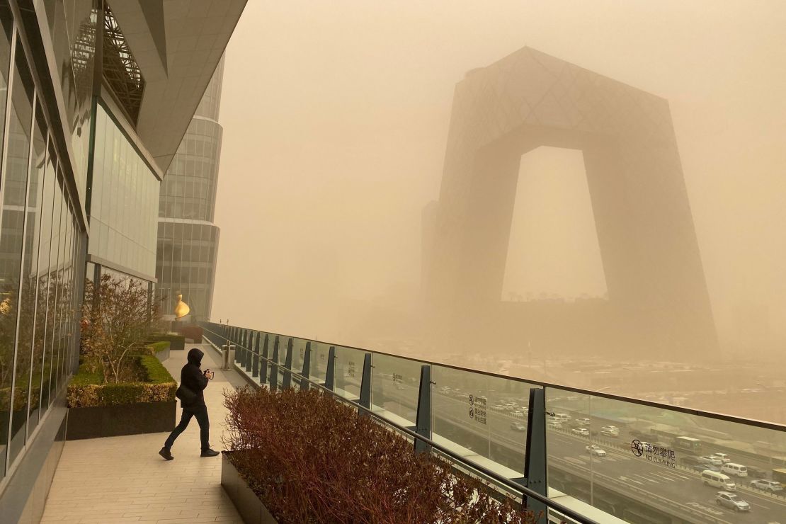 Buildings in the central business district of Beijing during a sandstorm on March 15.