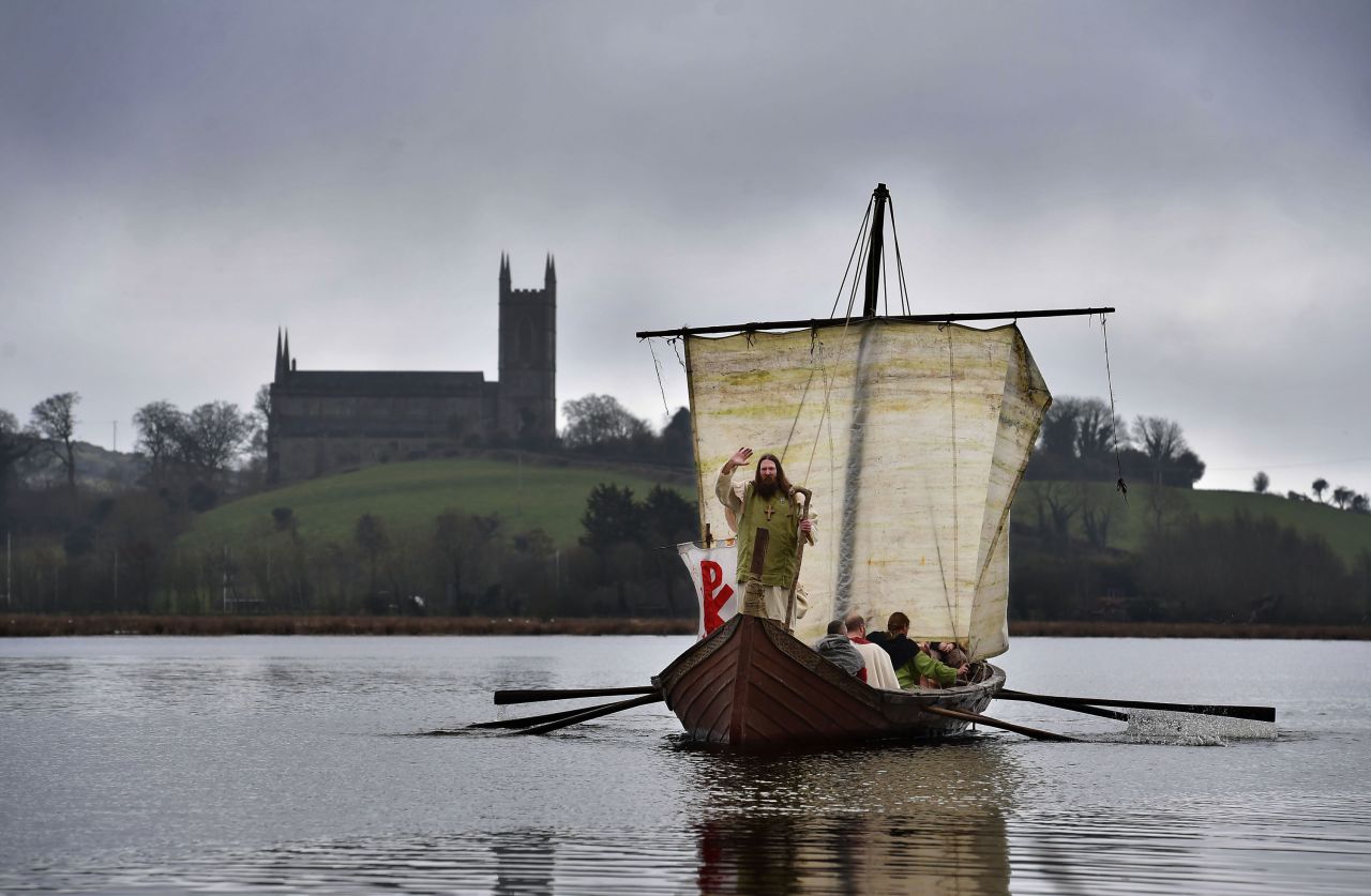 <strong>Downpatrick, County Down:</strong> A historic reenactment of Saint Patrick's landing in Ireland takes place in Downpatrick, County Down. All three of Ireland's patron saints -- Patrick, Brigid and Colmcille -- are said to be buried at Down Cathedral, seen in background. 