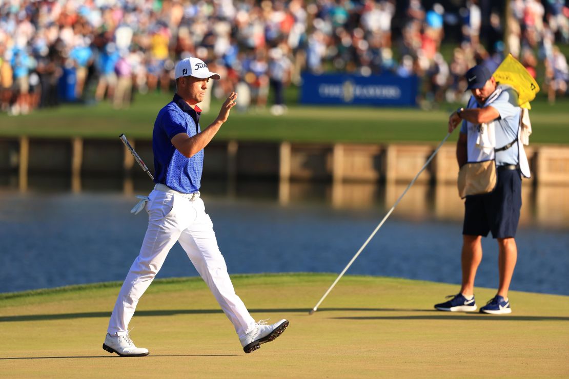 Thomas reacts on the 17th green during the final round of the Players Championship. 