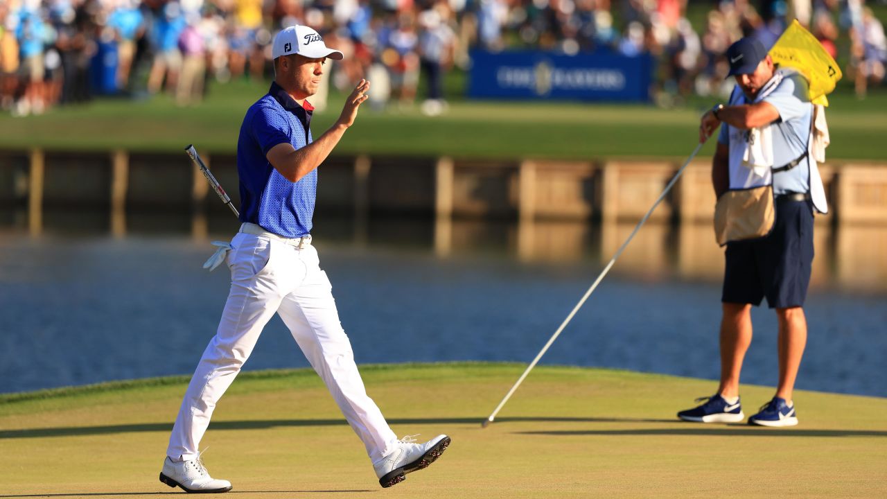 Thomas reacts on the 17th green during the final round of the Players Championship.