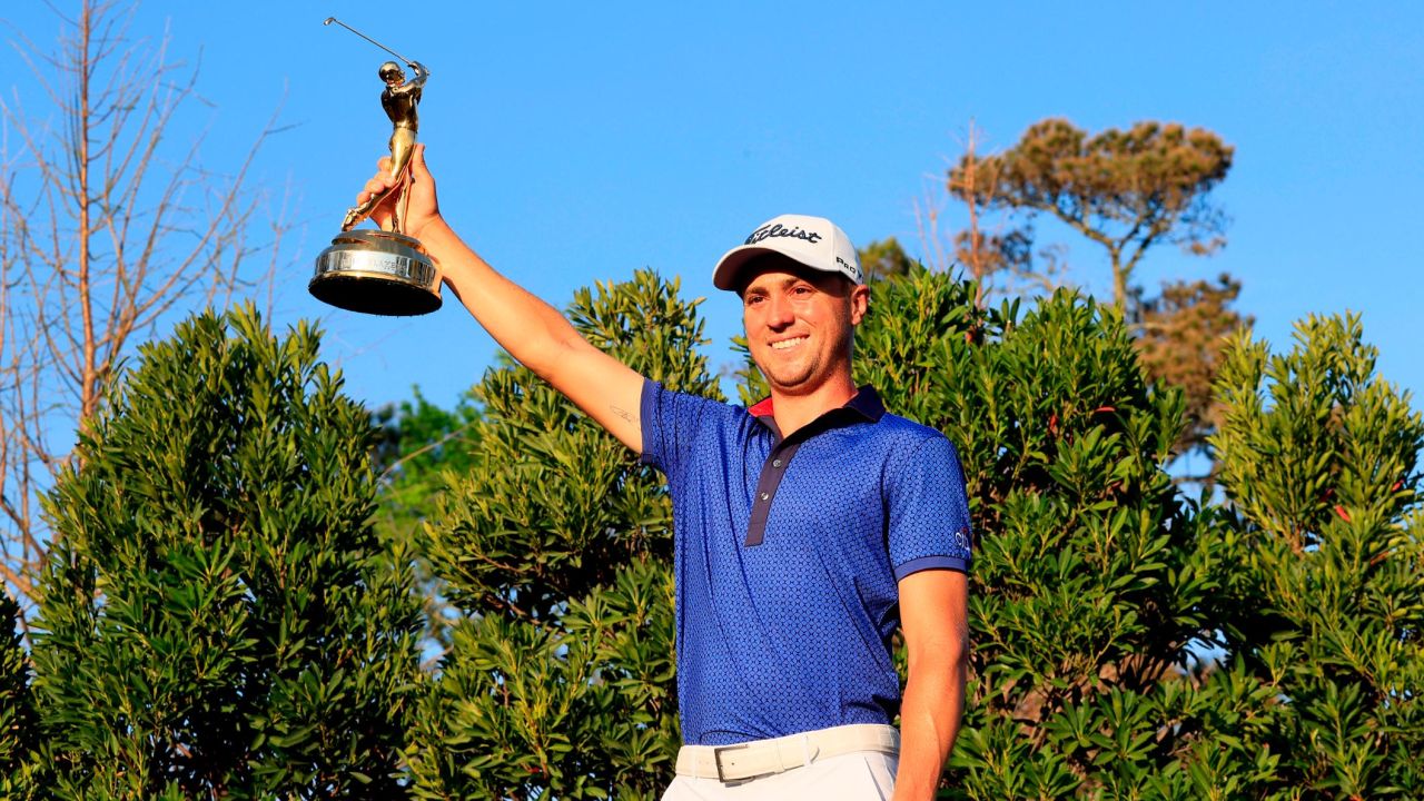 Thomas celebrates his victory at TPC Sawgrass in Ponte Vedra Beach, Florida.