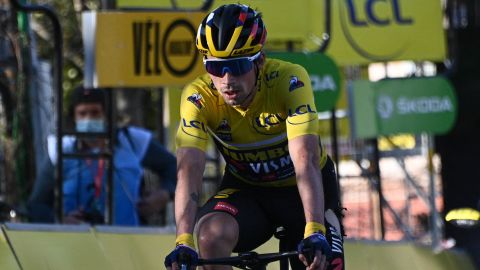 Roglic crosses the finish line of the eighth stage of the Paris-Nice race.
