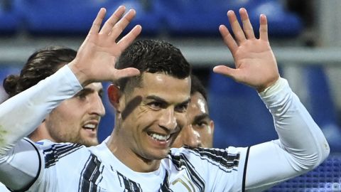 Cristiano Ronaldo celebrates after scoring his third goal against Cagliari. 