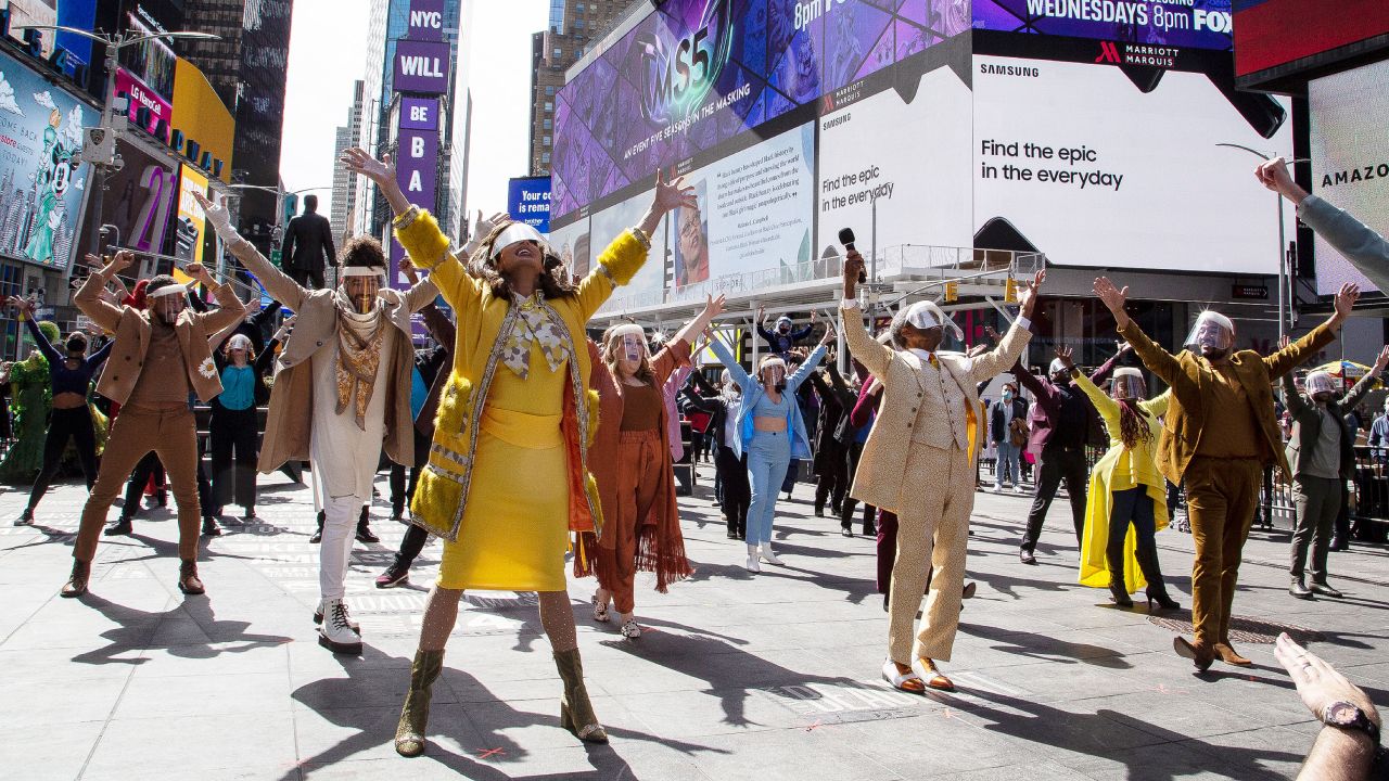 Jackie Cox, Andre De Shields, Charl Brown, Heath Saunders and Ryann Redmond perform during "We Will Be Back" Broadway Celebration at Times Square on March 12, 2021, in New York City. 