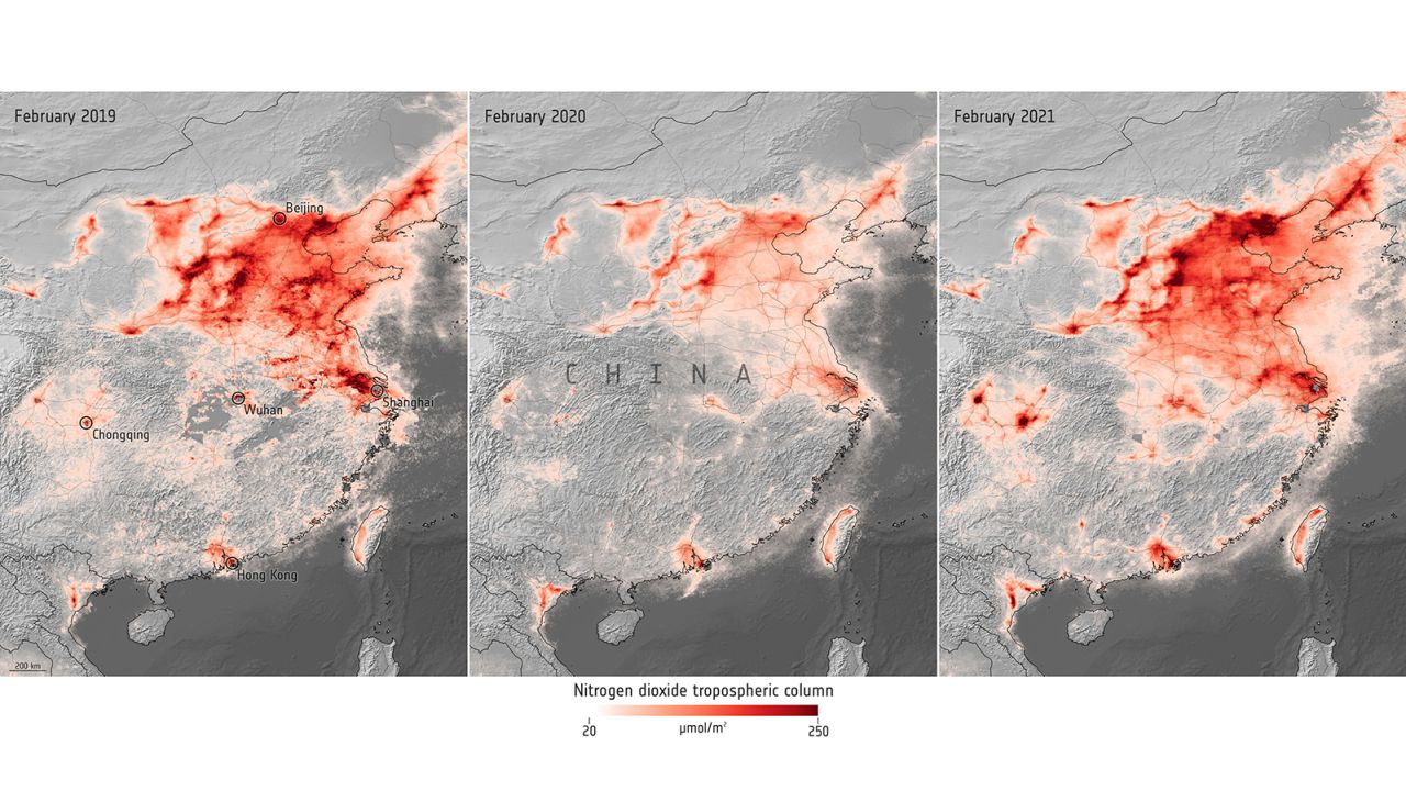 These images, taken by the ESA using data from the Copernicus Sentinel-5P satellite, show the monthly average nitrogen dioxide concentrations over China in February 2019, February 2020 and February 2021.