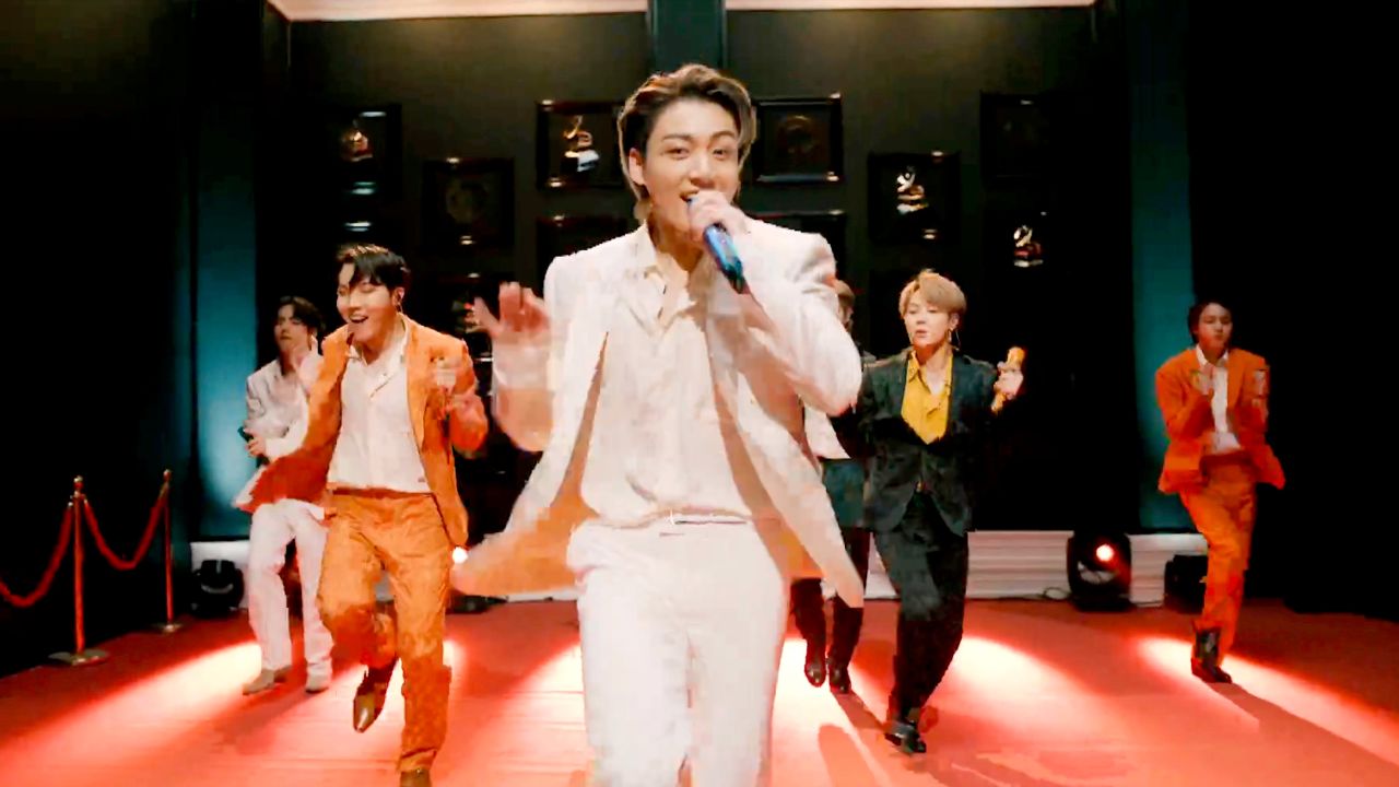 UNSPECIFIED: In this screengrab released on March 14, Jungkook (C) of BTS performs onstage during the 63rd Annual GRAMMY Awards broadcast on March 14, 2021. (Photo by Theo Wargo/Getty Images for The Recording Academy)