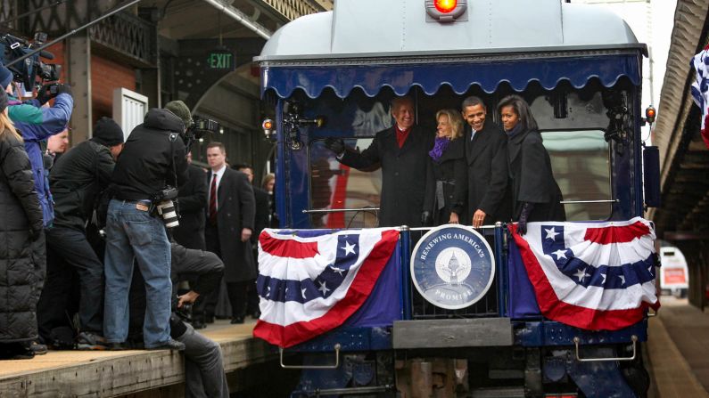 <strong>Leadership track: </strong>Barack Obama traveled to his 2009 inauguration by train, accompanied by his future vice president Joe Biden, along with Michelle Obama and Jill Biden. 