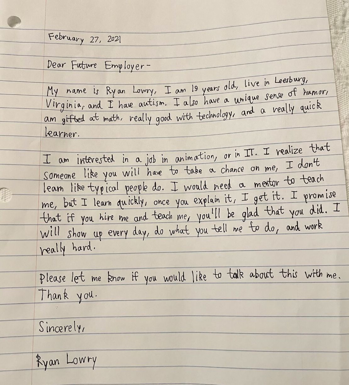 Ryan Lowry, 20, in Leesburg, Virginia, wrote this cover letter to potential employers.