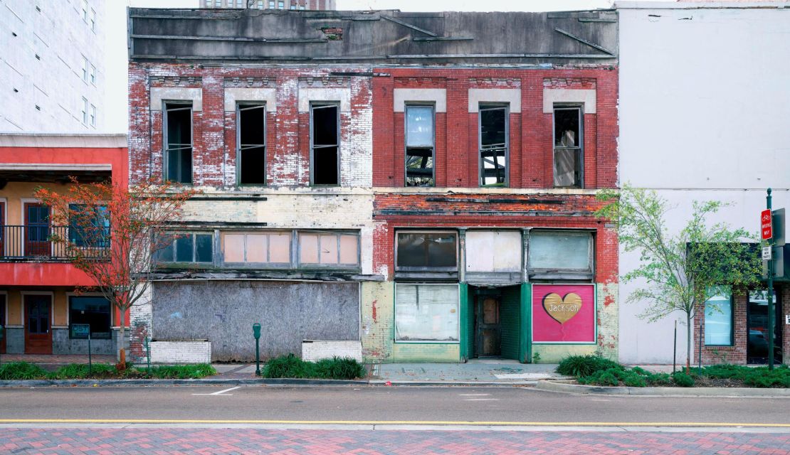 Vacant commercial buildings in downtown Jackson, Mississippi.