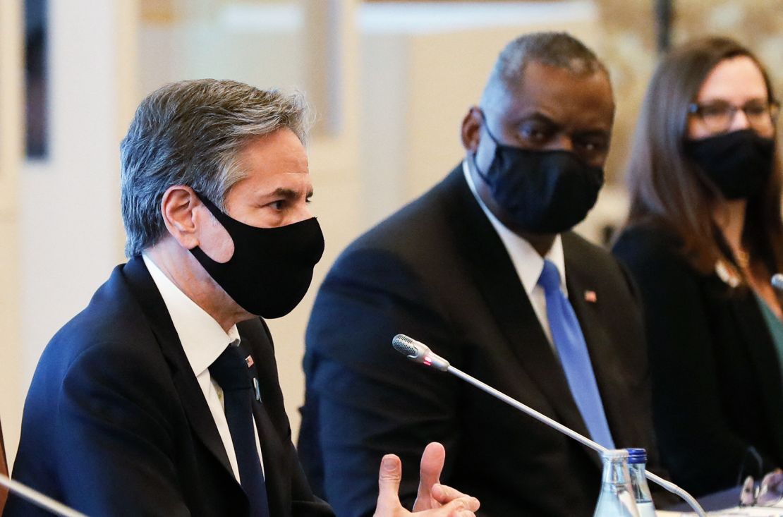 US Secretary of State Antony Blinken (L) and US Defense Secretary Lloyd Austin attend the 2+2 Meeting at Iikura Guest House in Tokyo on March 16, 2021.
