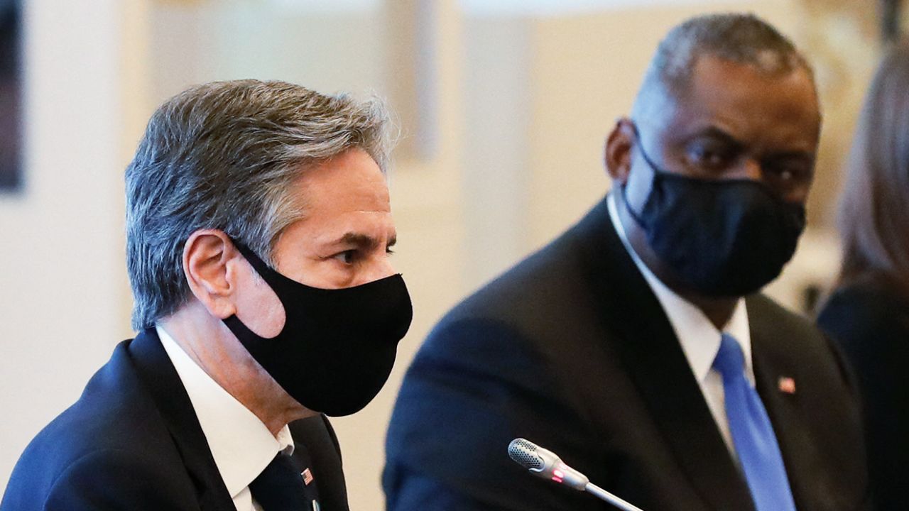 US Secretary of State Antony Blinken (L) and US Defense Secretary Lloyd Austin attend the 2+2 Meeting at Iikura Guest House in Tokyo on March 16, 2021.