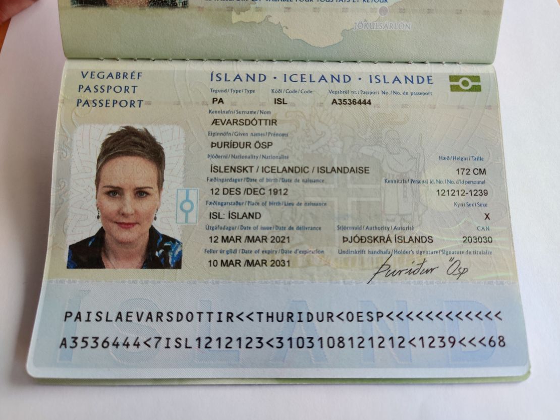 This sample passport from Iceland shows the gender neutral option X. This sample passport is not in use, and the personal information shown is not real.