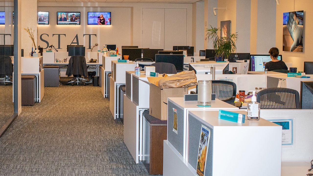 The STAT newsroom during a mandated work-from-home period, in Boston, March 13, 2020. 