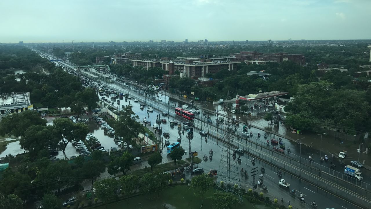 <strong>Aerial view:</strong> One of the images shows the Metrobus traveling to Gajumata station in Lahore on a rainy day.