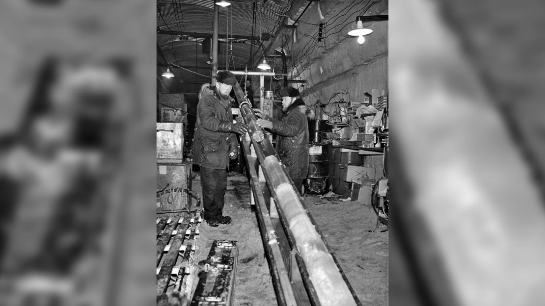 Engineers with the Cold Regions Research and Engineering Laboratory capture an ice core at Camp Century, Greenland, ca. 1966.