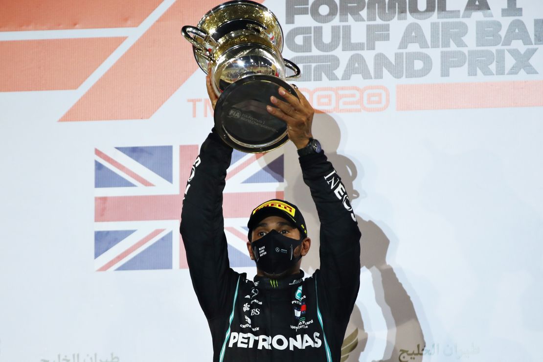 Lewis Hamilton celebrates at the the F1 Grand Prix in Bahrain.