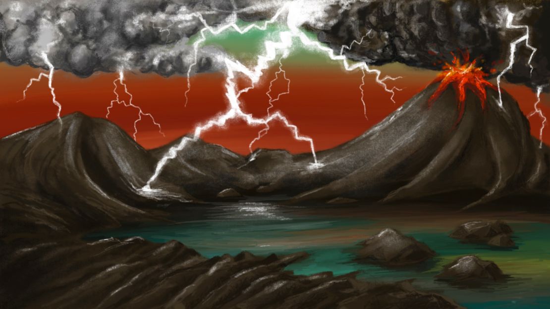This artist's rendition of the early Earth environment shows lightning striking volcanic rocks, releasing phosphorus. 
