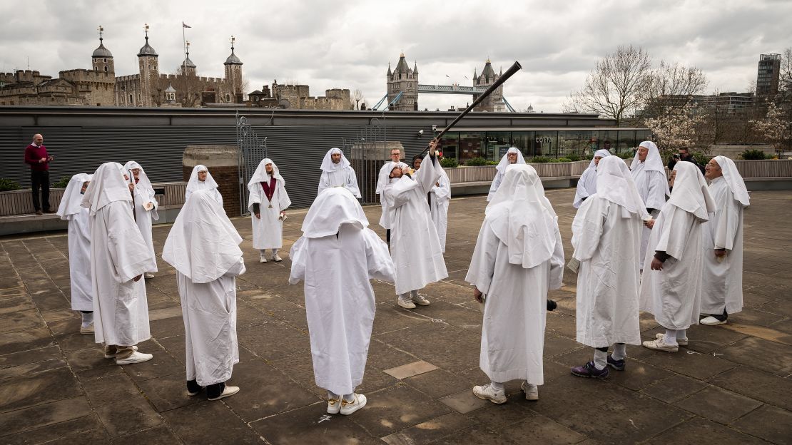 Members of a Druid Order take part in a ceremony of the spring equinox near the Tower of London in 2020. They came in reduced numbers because of the pandemic.