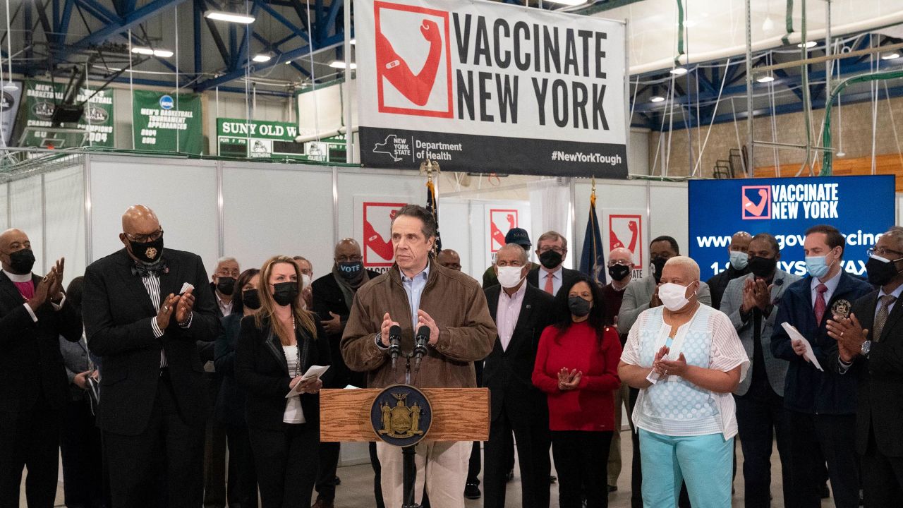 New York Gov. Andrew Cuomo speaks during a visit to a Covid-19 vaccination site at State University of New York on Monday, March 15, in Old Westbury, New York.