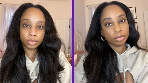 Before and after of Kiana Murden trying the foundation in shade Hazelnut