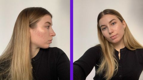 Before and after of Stephanie Griffin trying the foundation in shade Ivory