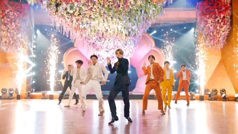 In this screengrab released on March 14, 2021, RM, V, Jungkook, Jimin, J-Hope, Suga and Jin of BTS perform onstage during the 63rd Annual Grammy Awards. 