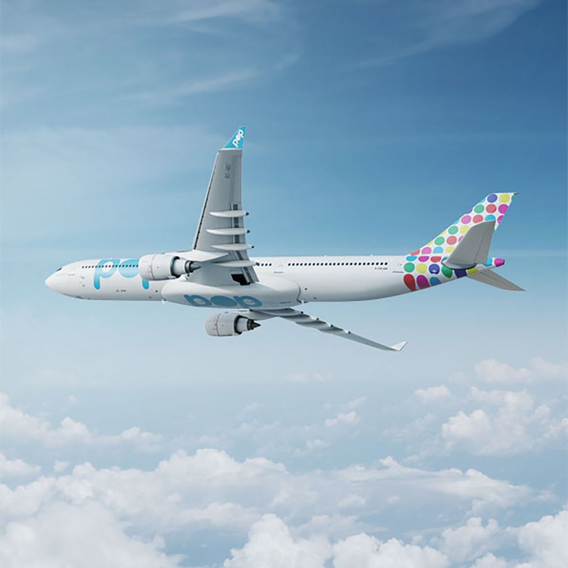 A rendering of Flypop's launch aircraft, the Airbus A330.