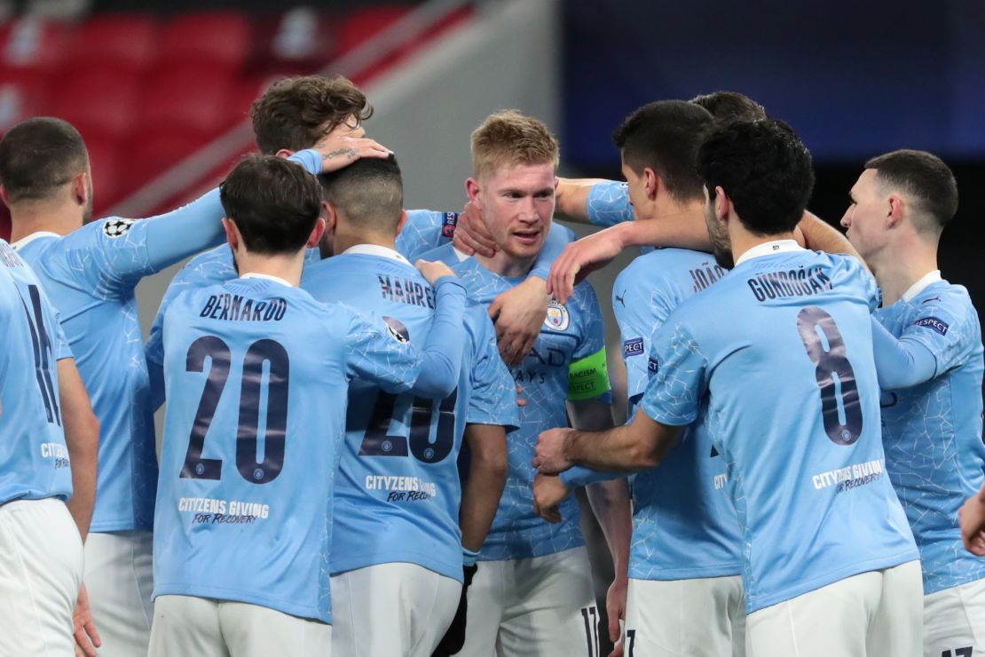 Manchester City celebrate after scoring against Borussia Monchengladbach on Tuesday. 