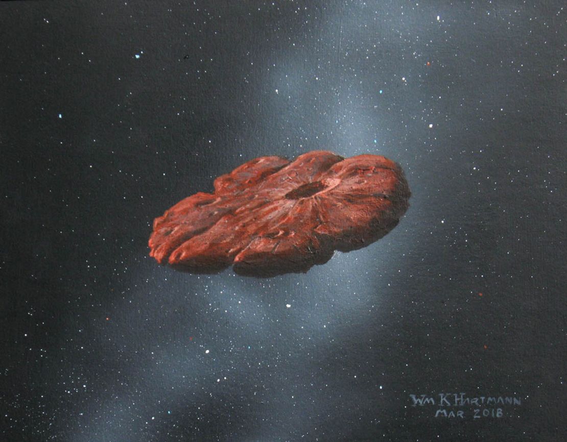 This artist's concept of the 'Oumuamua interstellar object shows it as a pancake-shaped disk.