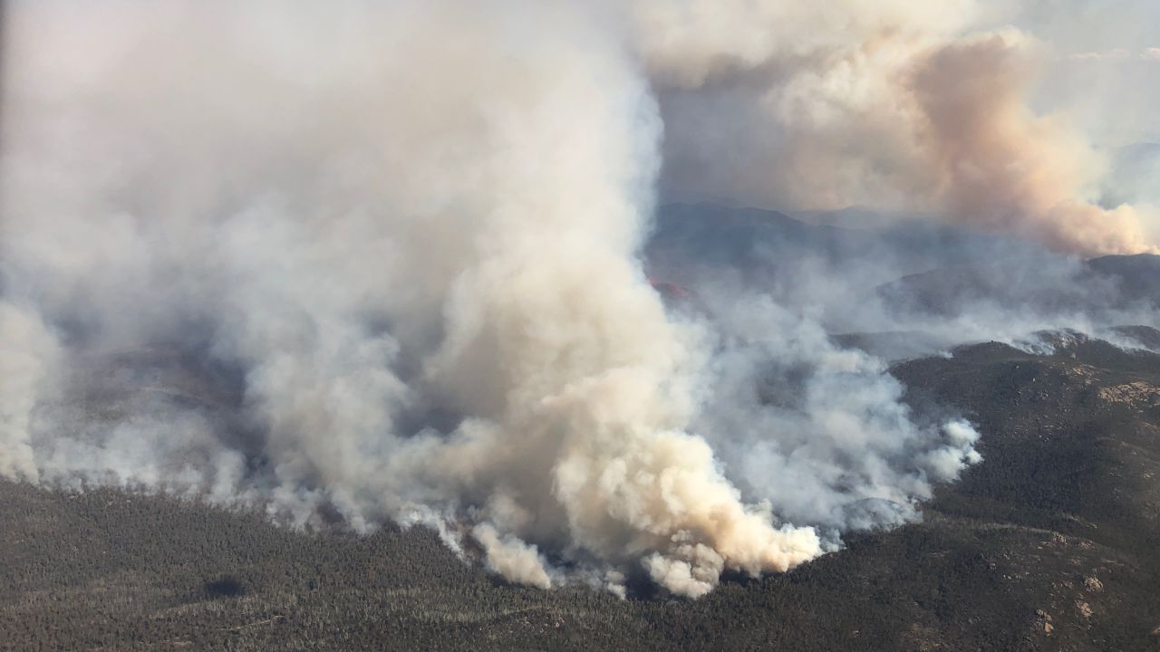 An aerial view of bushfires burning south of Canberra, Australia, on January 31, 2020.
