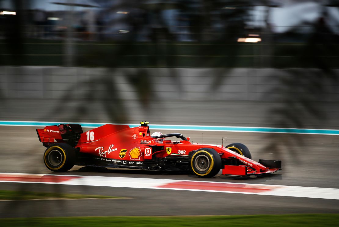 Leclerc driving the Ferrari during the F1 Grand Prix of Abu Dhabi.