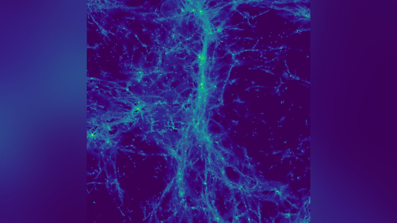 This is a cosmological simulation of the distant universe. The image shows the light emitted by hydrogen atoms in the cosmic web in a region roughly 15 million light-years across. A number of point sources can be seen: These are galaxies in the process of forming their first stars. 