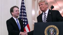WASHINGTON, DC - OCTOBER 08: U.S. Supreme Court Justice Brett Kavanaugh (L) shakes hands with President Donald Trump during Kavanaugh's ceremonial swearing in in the East Room of the White House October 08, 2018 in Washington, DC. Kavanaugh was confirmed in the Senate 50-48 after a contentious process that included several women accusing Kavanaugh of sexual assault. Kavanaugh has denied the allegations. (Photo by Chip Somodevilla/Getty Images)